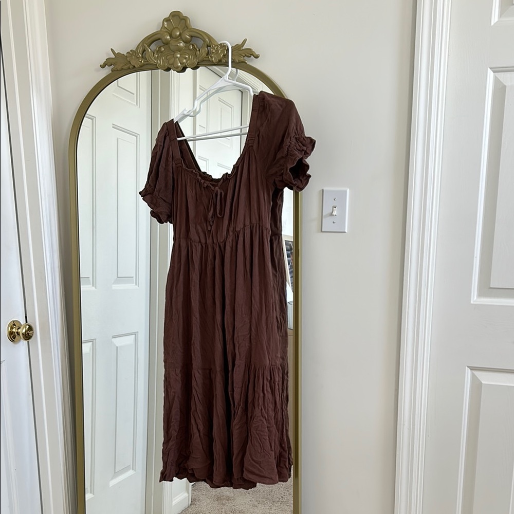 Casual Brown Smocked Midi Dress with Flutter Sleeves